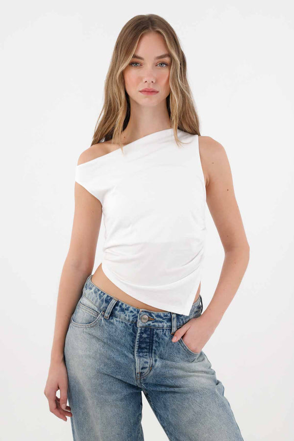 White Ribbed Crop T-Shirt for Women