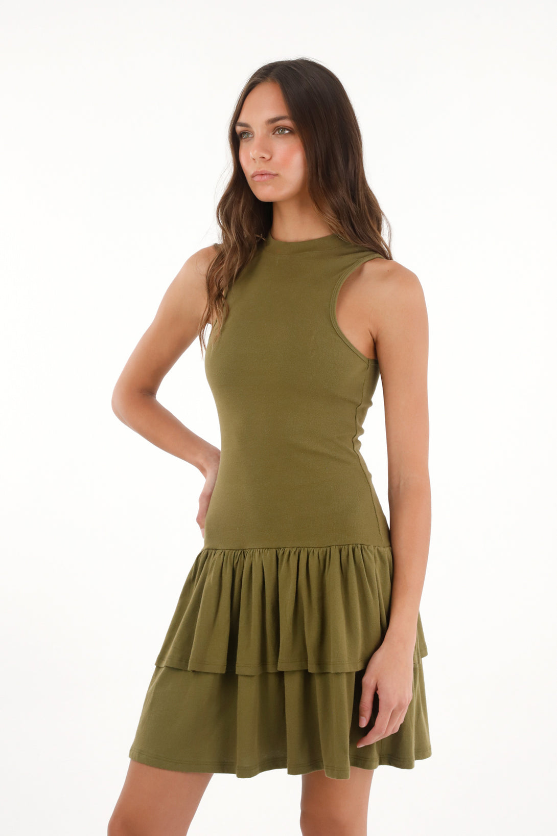 Women's Green Fitted Short Dress with Ruffles