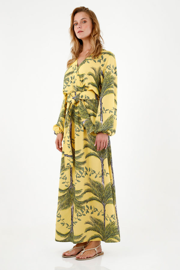 Tennis dress for women, long dresses with green palm print and yellow background