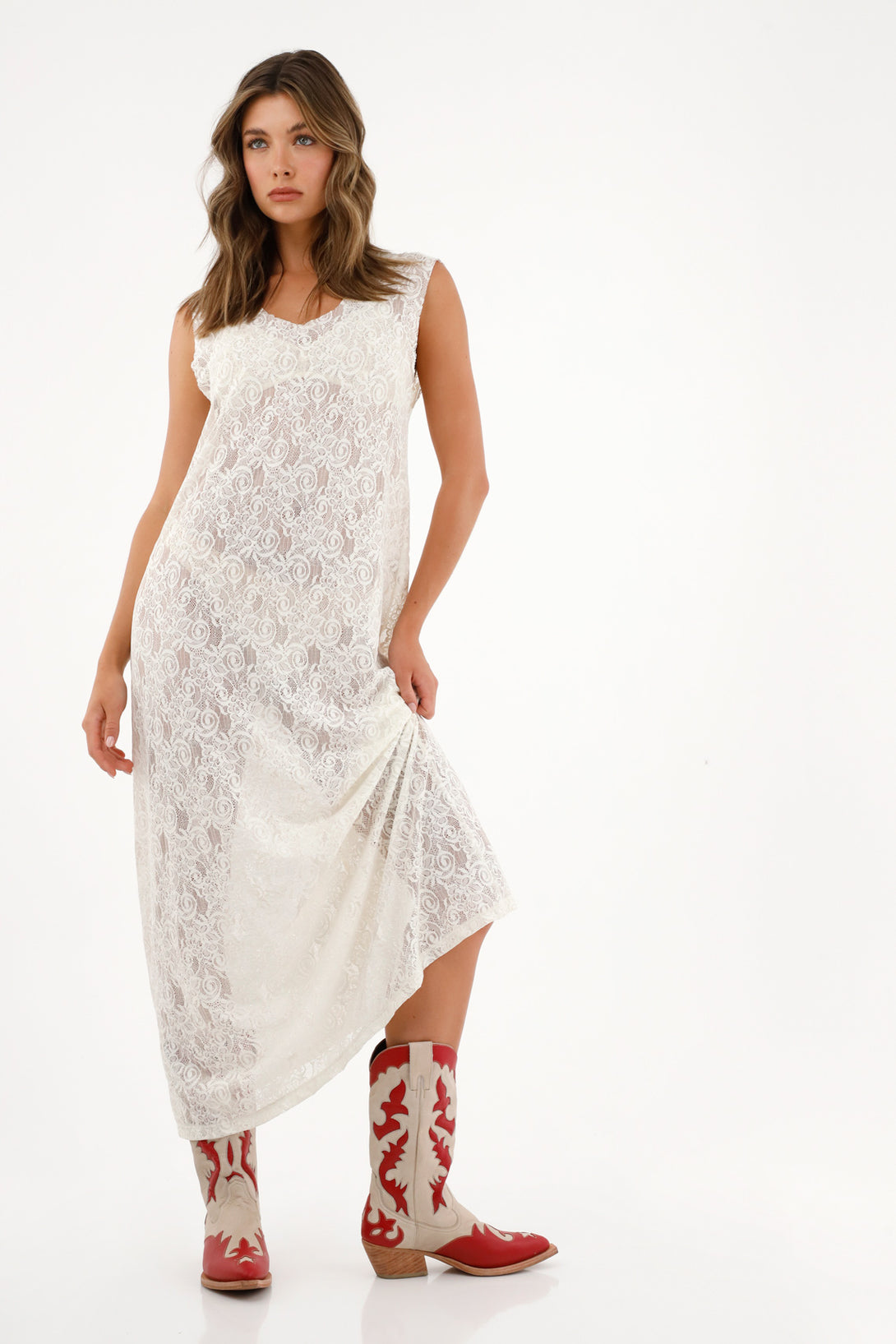 Vestido largo en encaje para mujer
