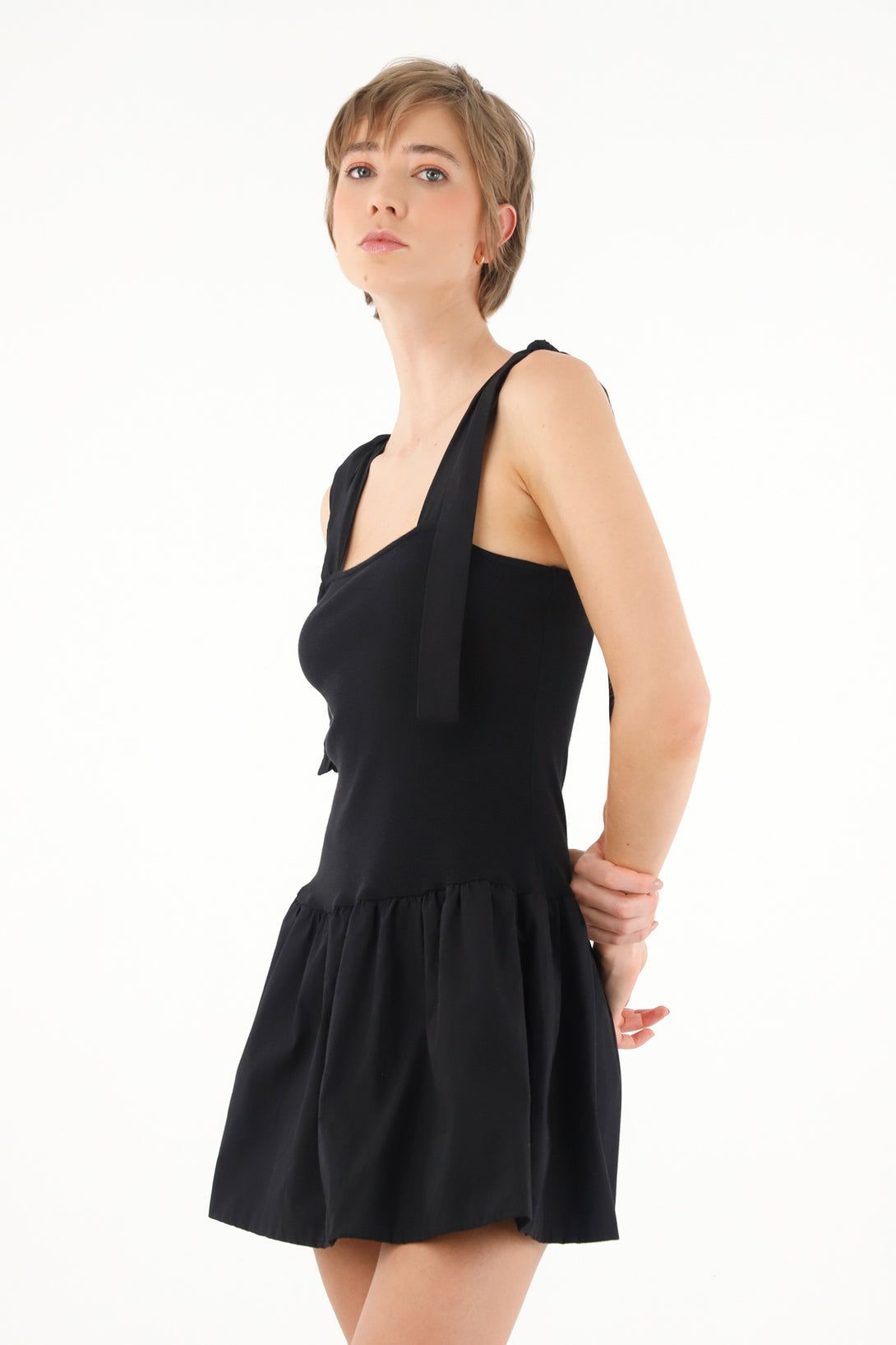 Women's short black dress with straps