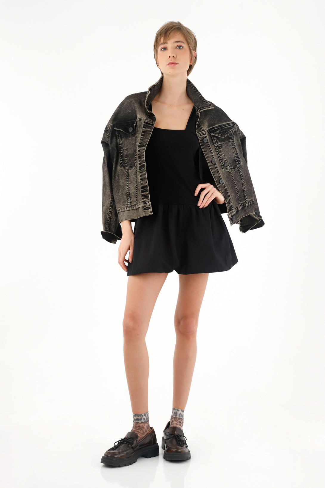 Women's short black dress with straps