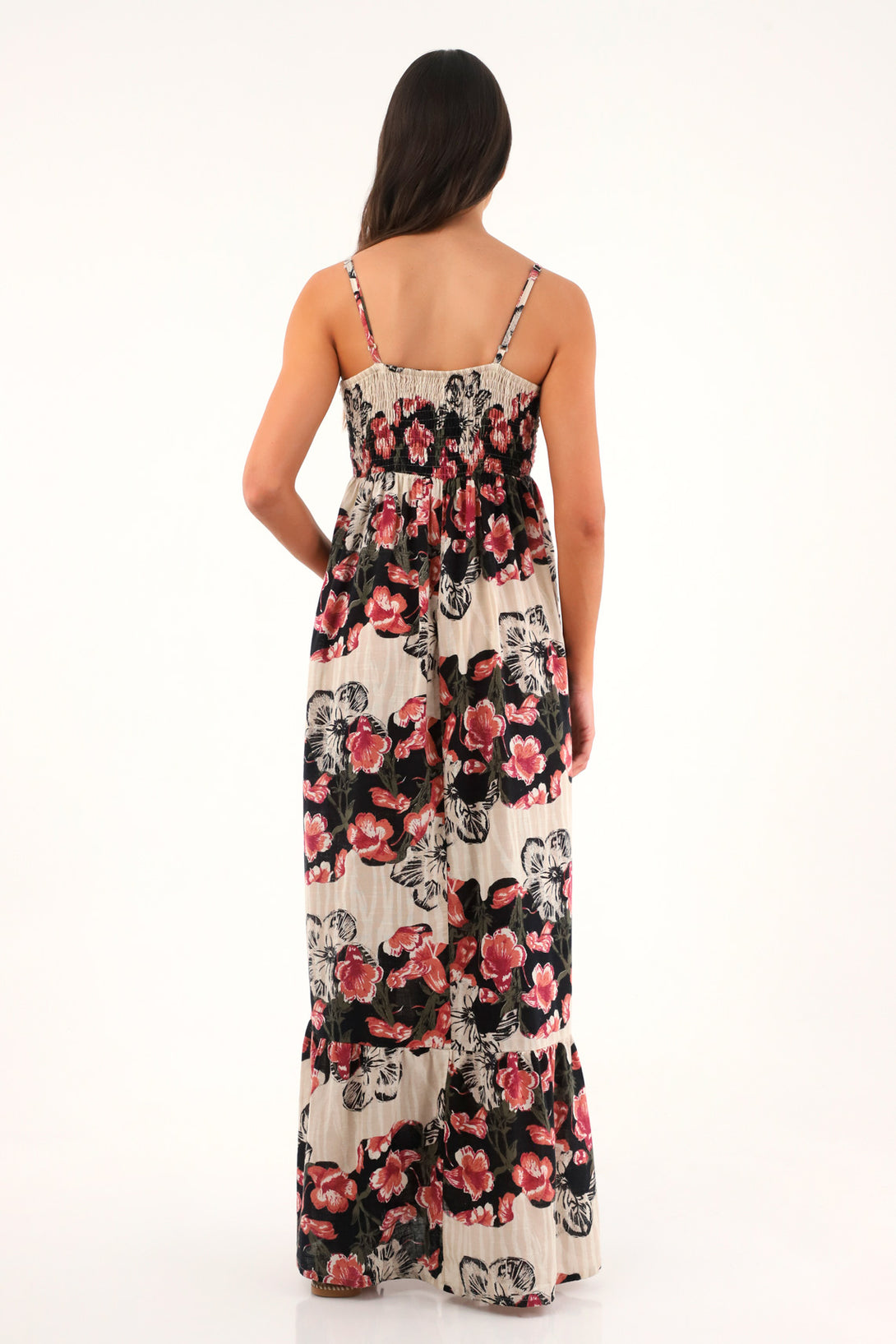 Vestido largo estampado con detalles tejidos para mujer