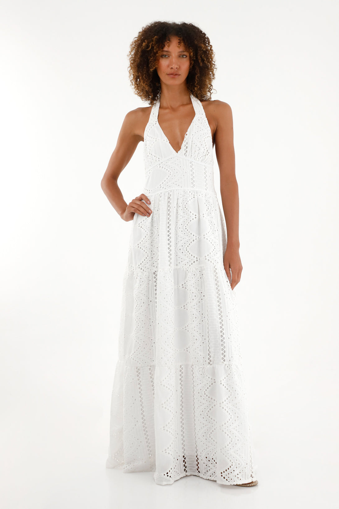 Women's Long Dress in Cream Eyelet