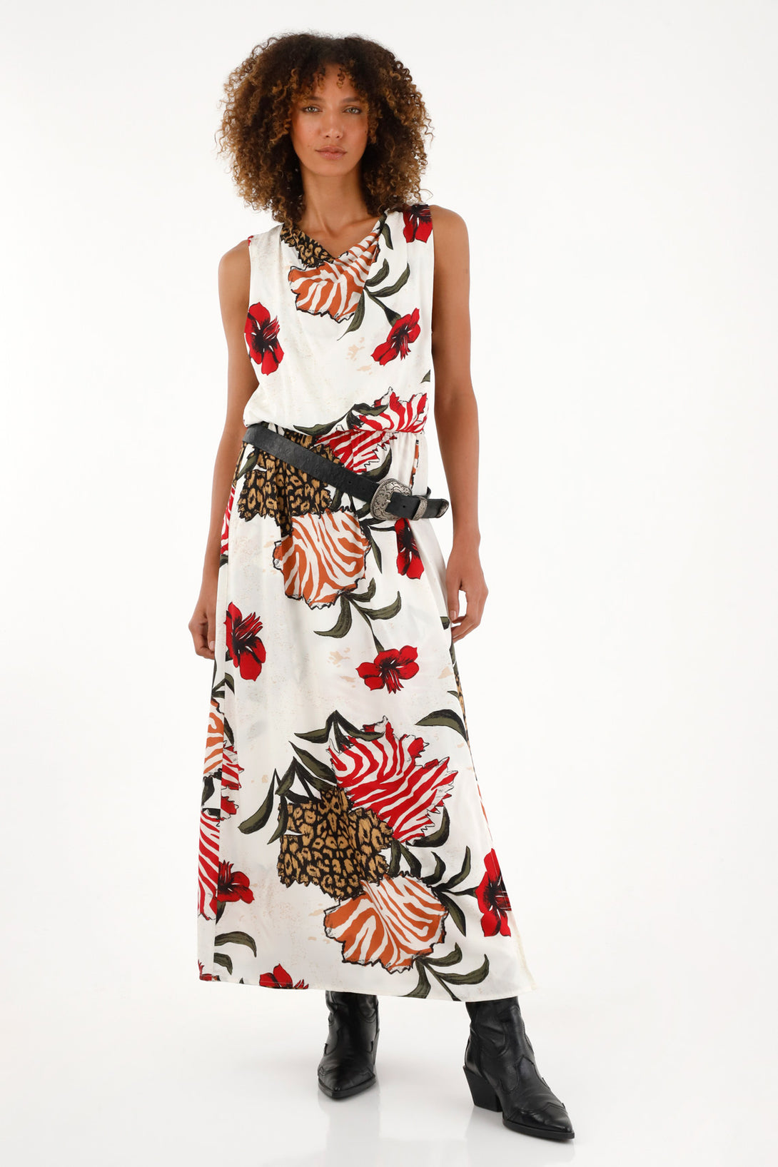 Women's sleeveless mixed print dress.