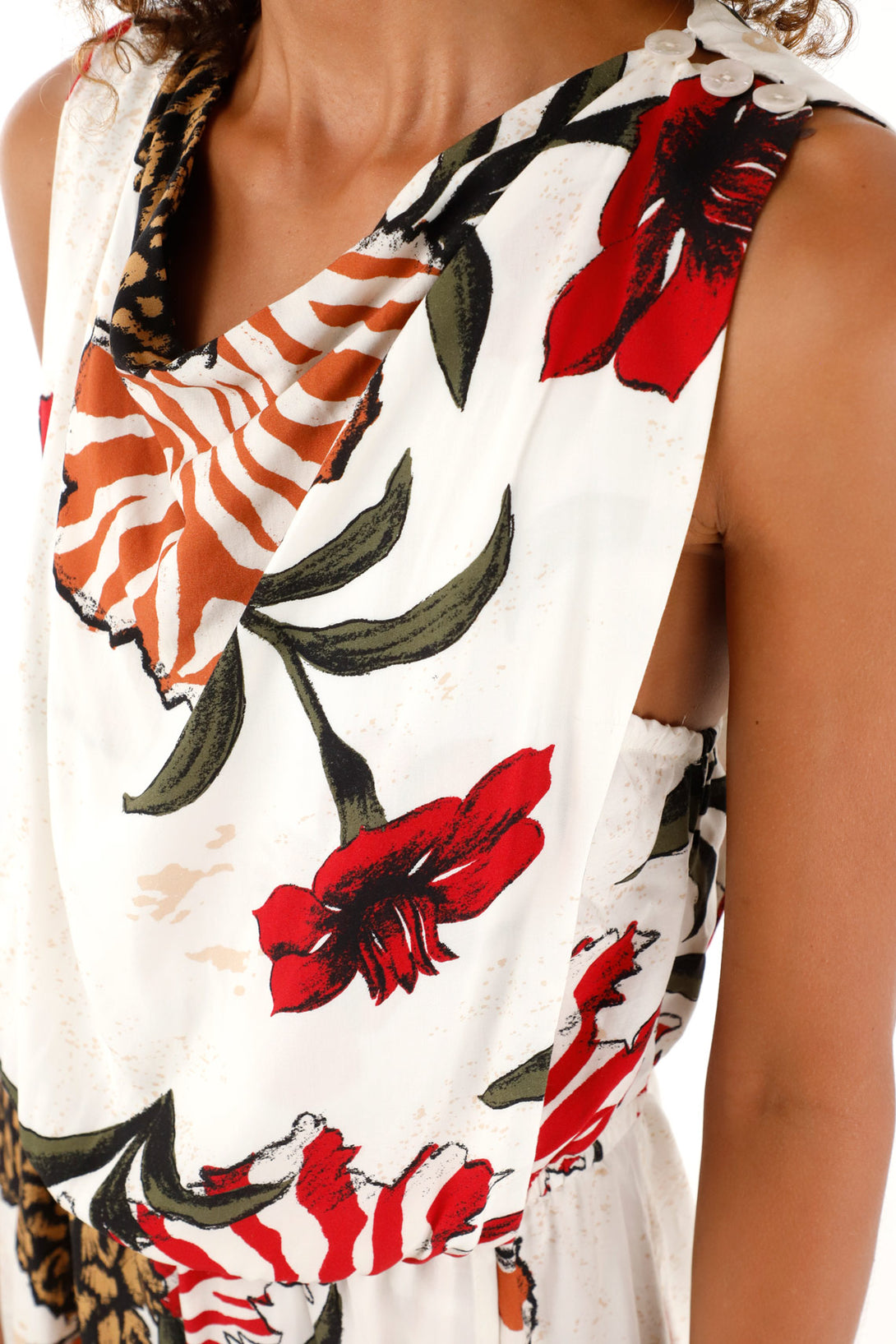 Women's sleeveless mixed print dress.