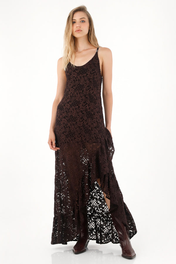 Women's long brown dress with ruffles