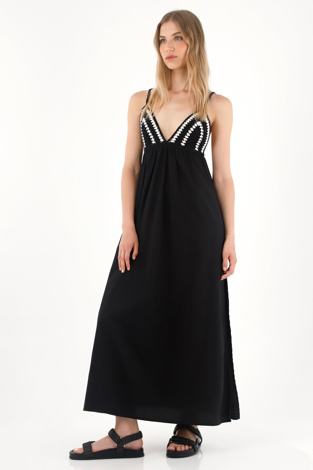 Women's Long Black Crochet Cup Design Dress
