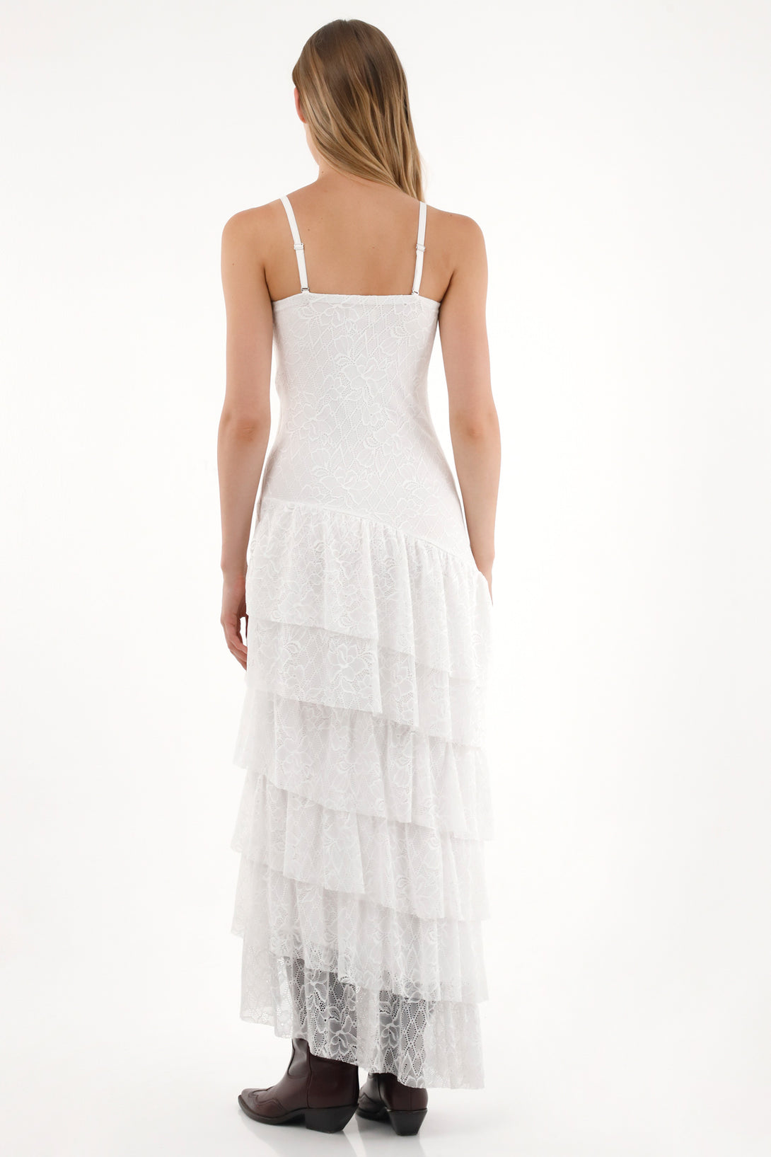 Women's Long Lace Dress with Ruffles in Off-White