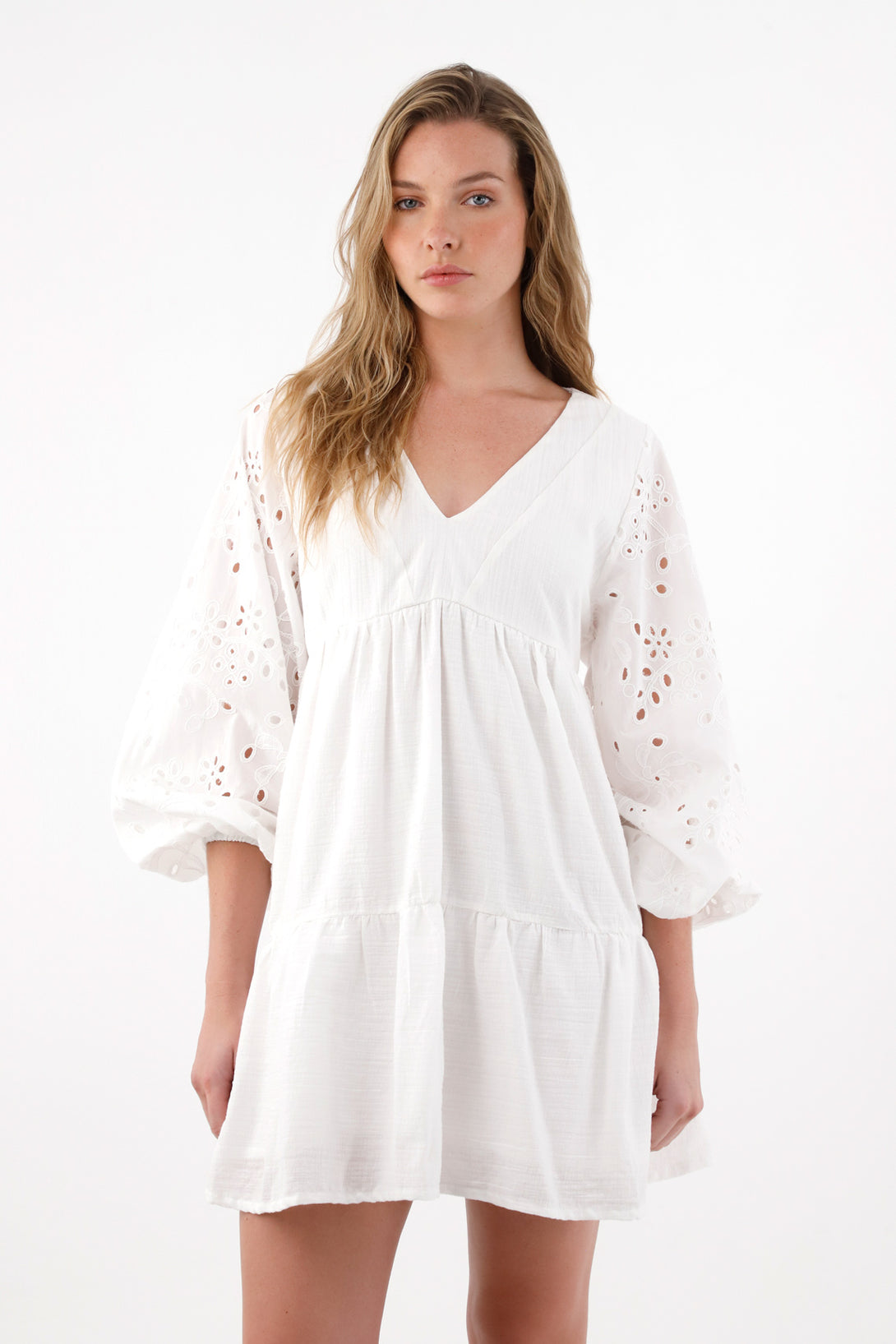 Women's Short Long Sleeve Dress with Eyelet Detail