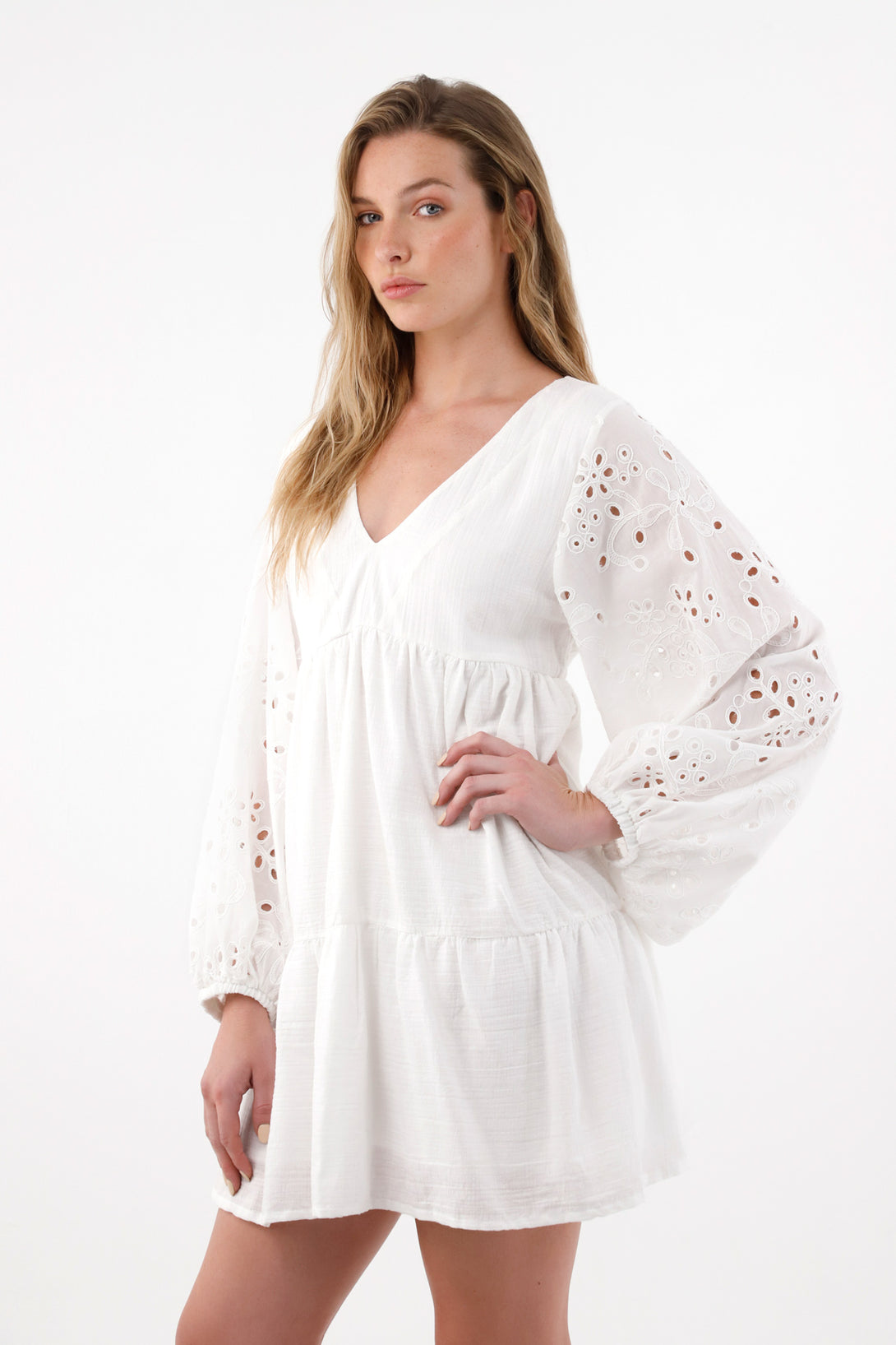 Women's Short Long Sleeve Dress with Eyelet Detail