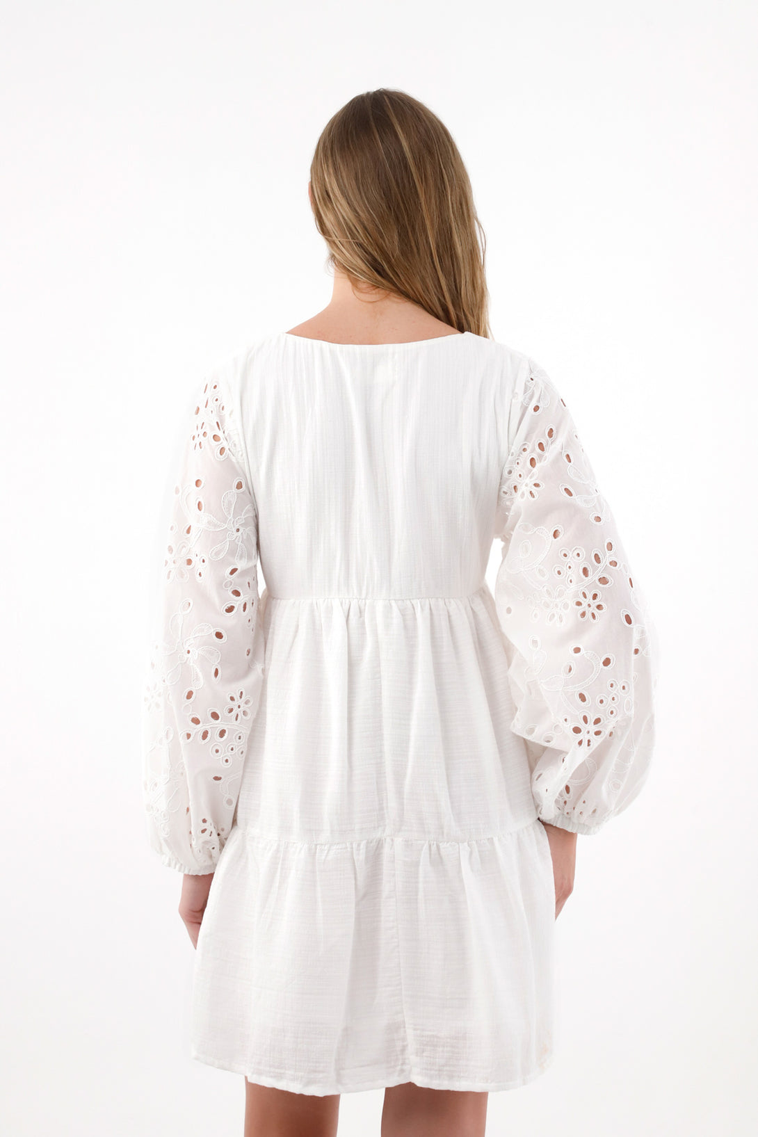 Women's Short Long Sleeve Dress with Eyelet Detail