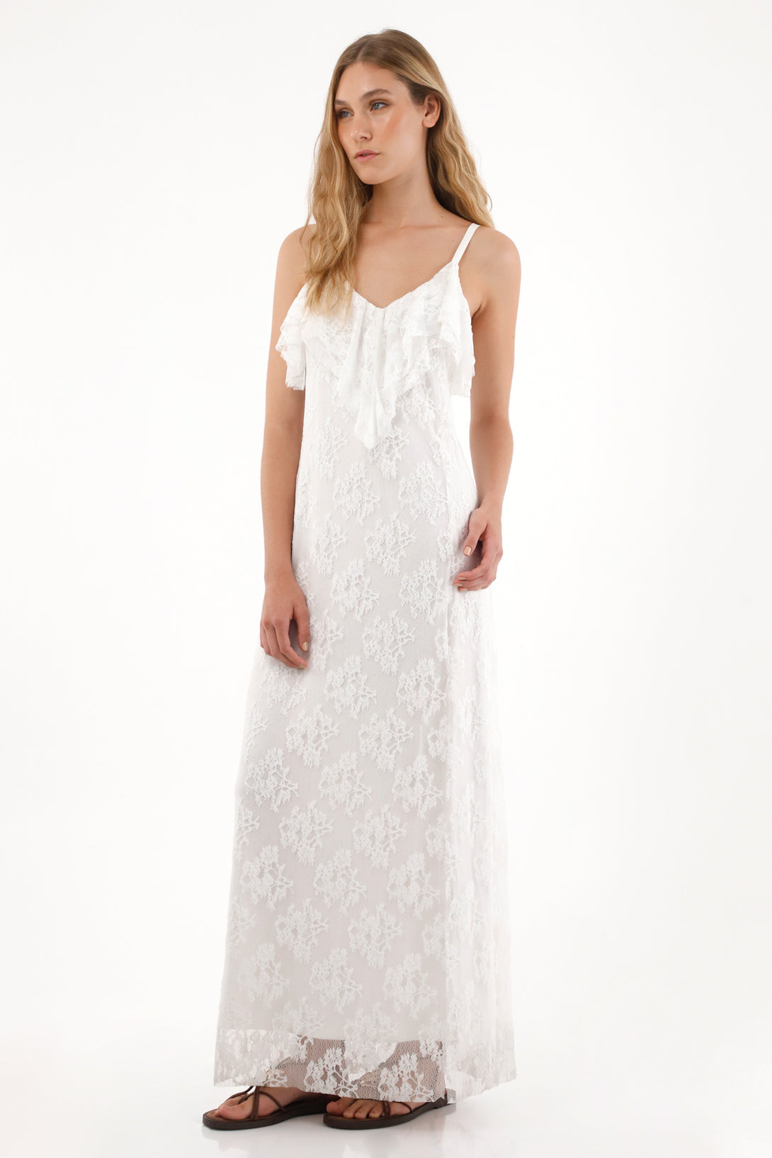 Women's Long Lace Dress with V-Neck in Crudo