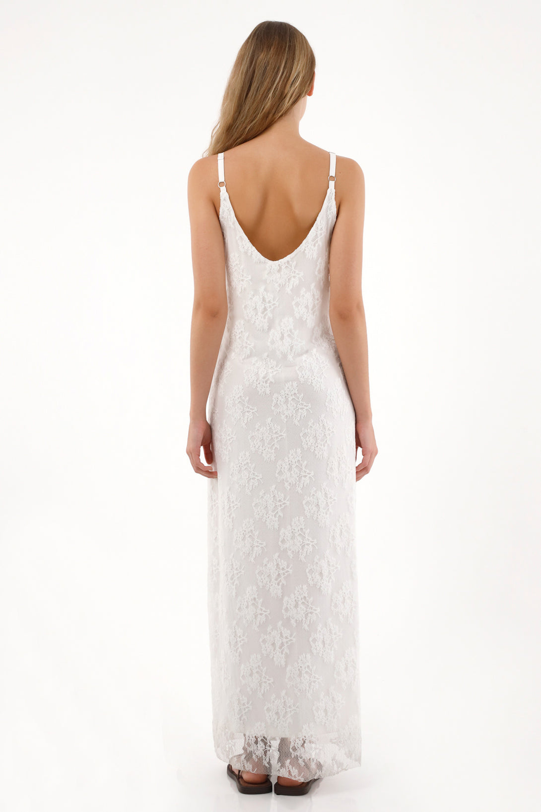 Women's Long Lace Dress with V-Neck in Crudo