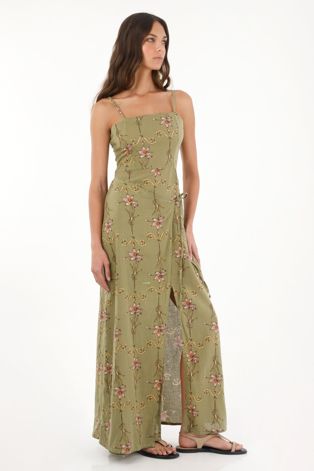 Vestido largo con estampado de flores verde para mujer