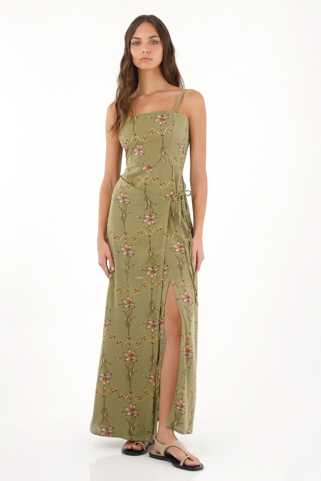 Vestido largo con estampado de flores verde para mujer