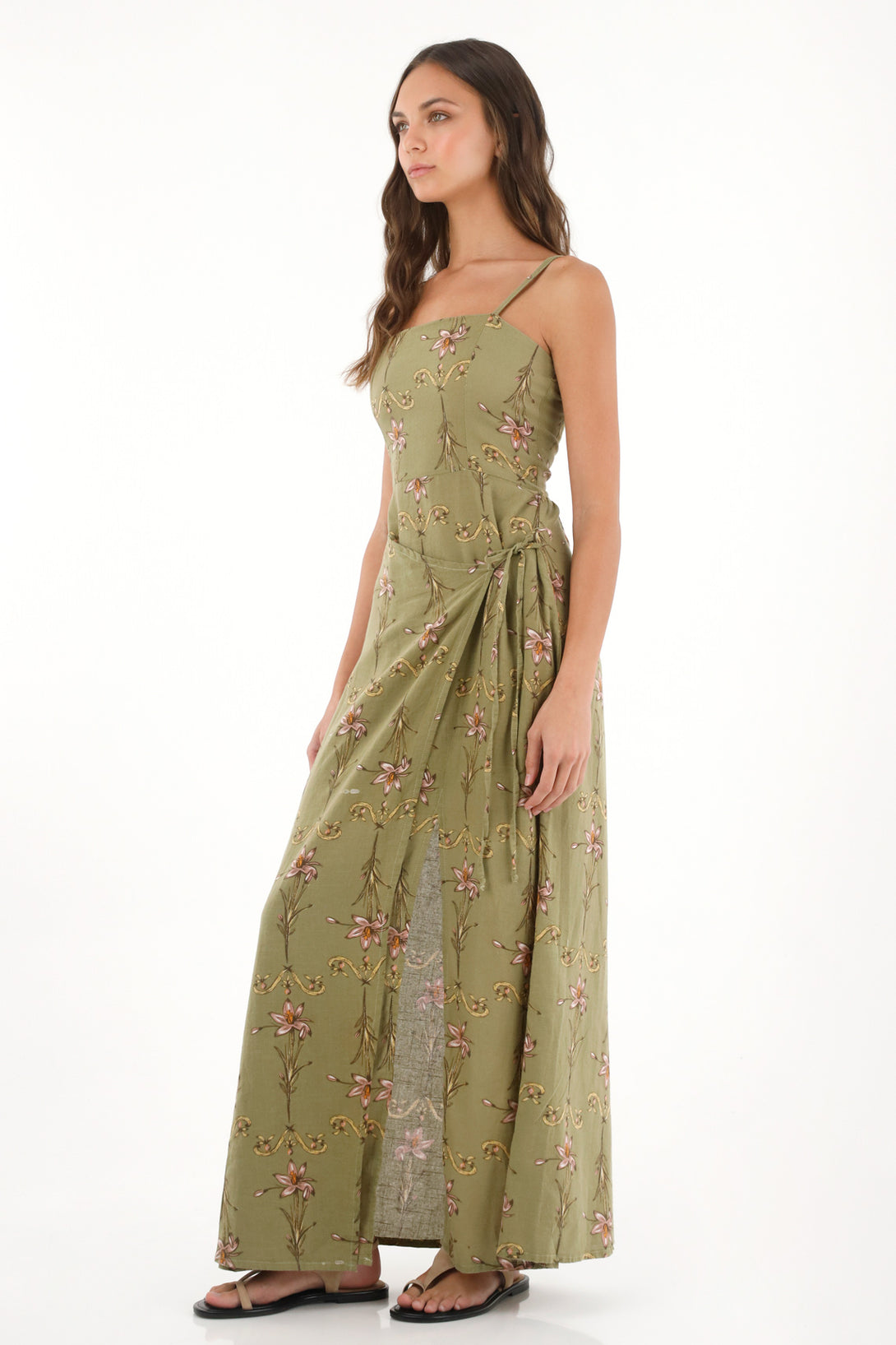 Vestido largo con estampado de flores verde para mujer