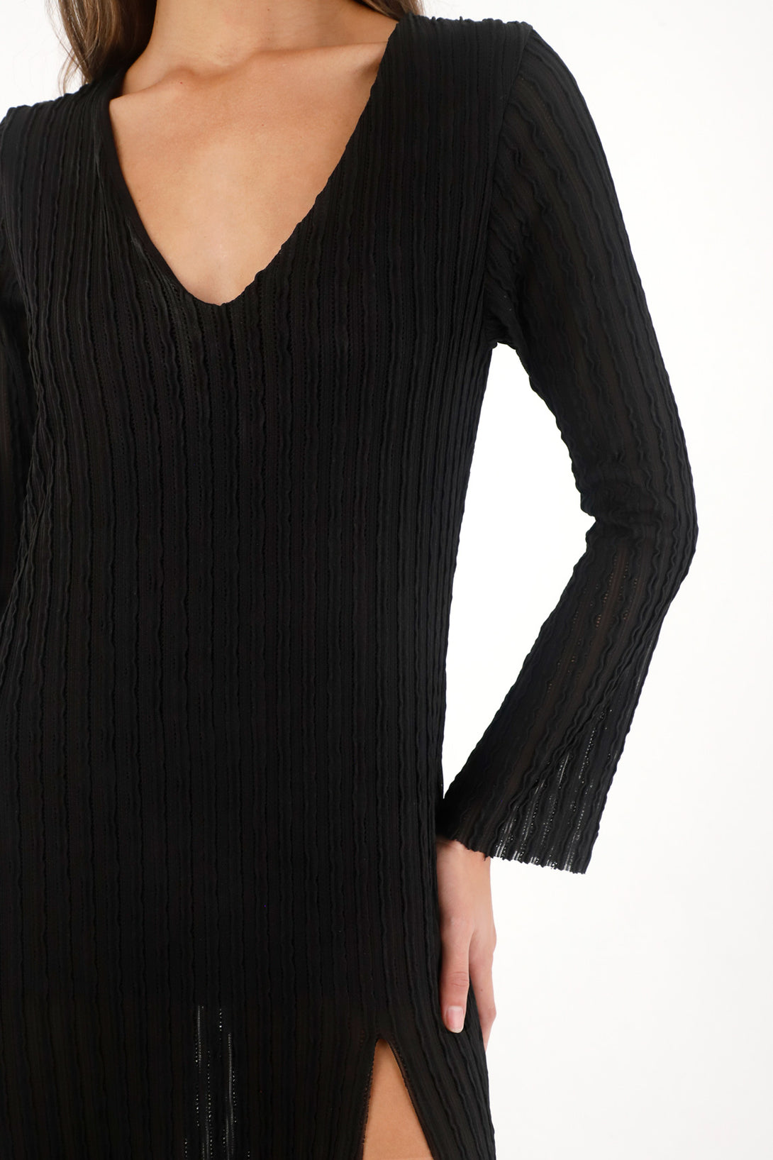 Black Semi-Fitted Long Dress with Side Slit for Women