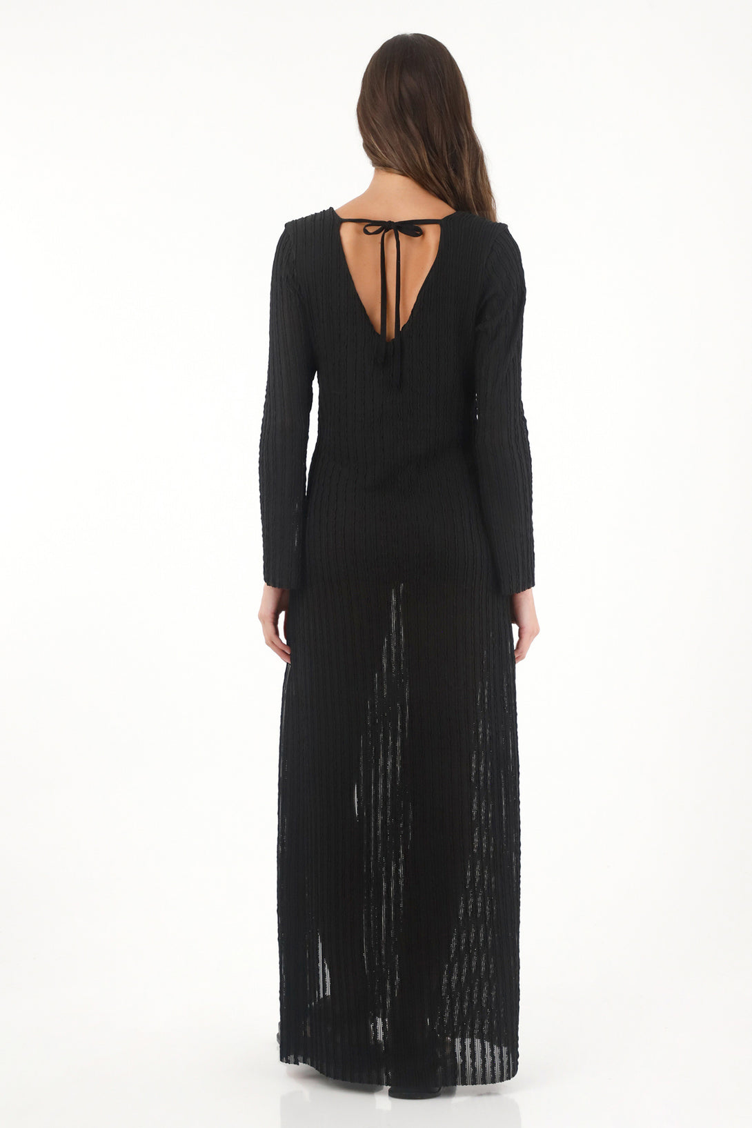 Black Semi-Fitted Long Dress with Side Slit for Women