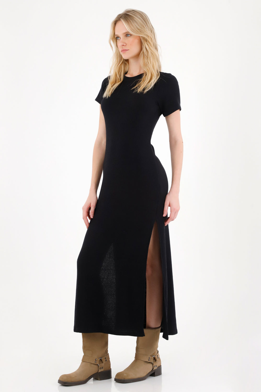 Vestido largo manga corta negro para mujer