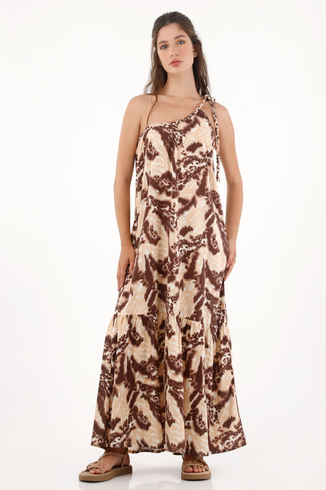 Women's One Shoulder Long Dress with Abstract Print