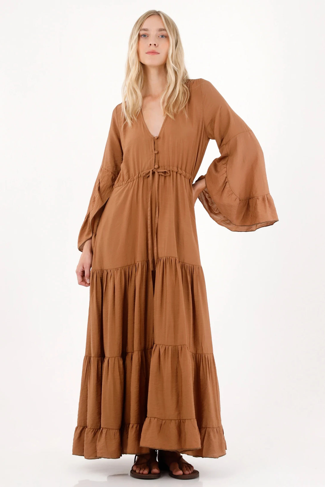 Brown Maxi Boho Dress for Women in Viscose-Polyamide with Ruffles Summer