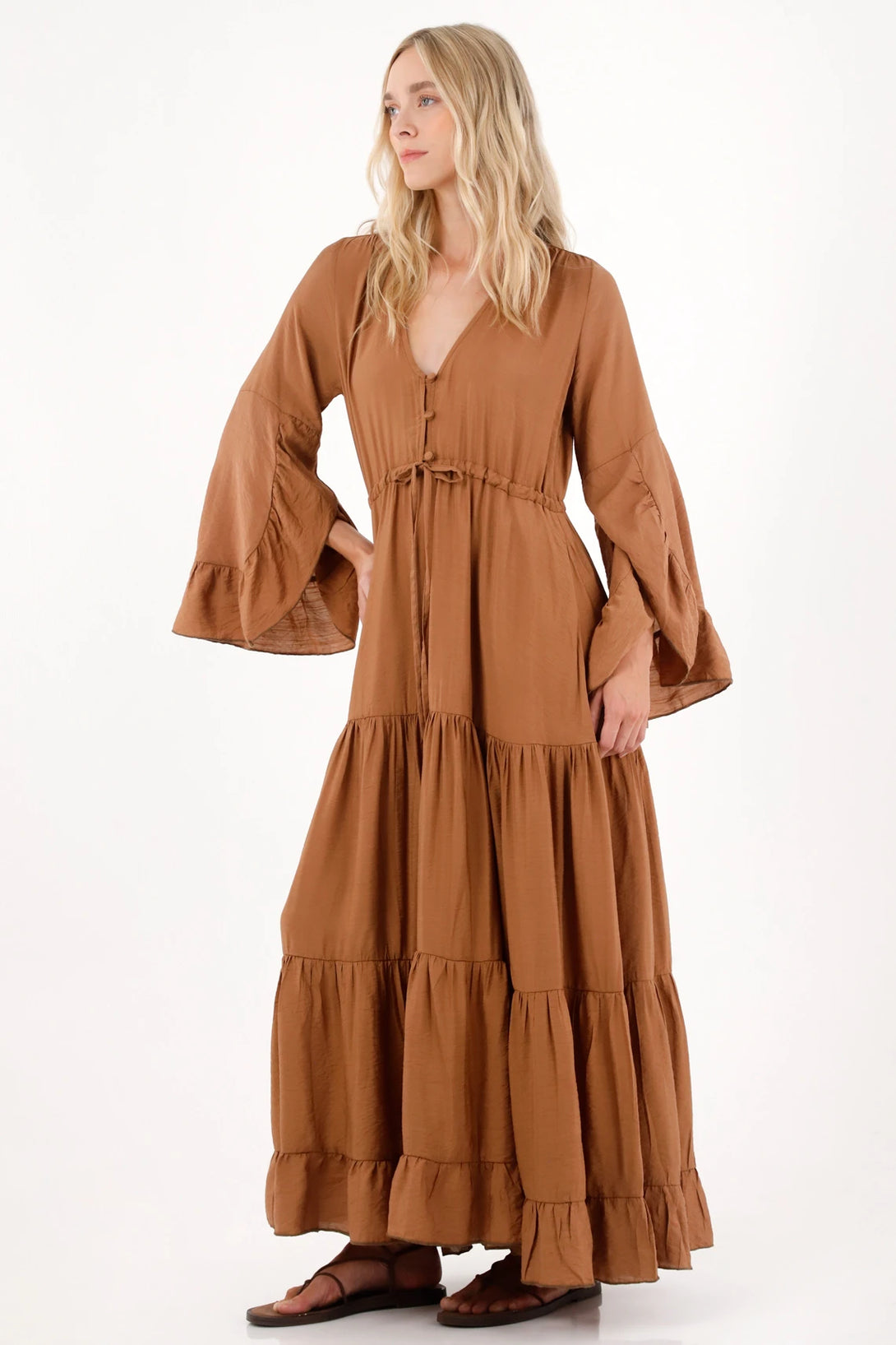 Brown Maxi Boho Dress for Women in Viscose-Polyamide with Ruffles Summer