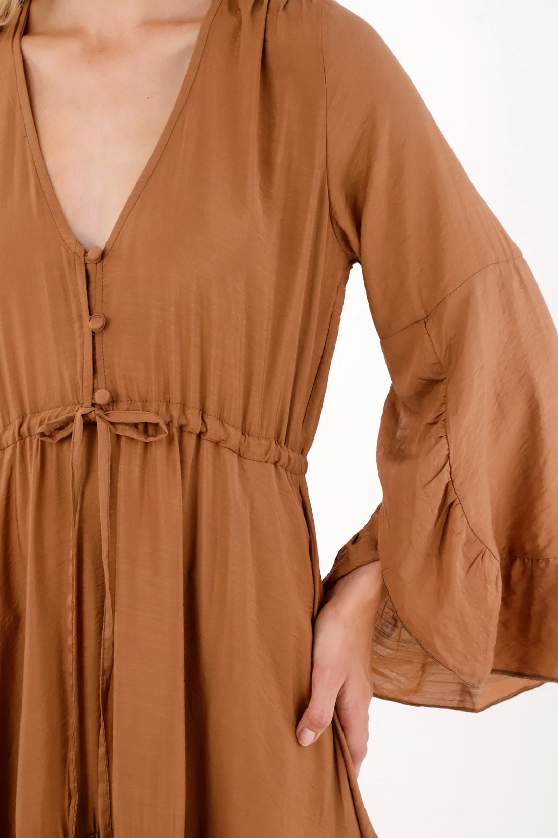 Brown Maxi Boho Dress for Women in Viscose-Polyamide with Ruffles Summer