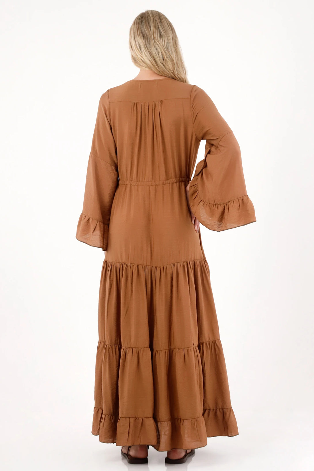 Brown Maxi Boho Dress for Women in Viscose-Polyamide with Ruffles Summer