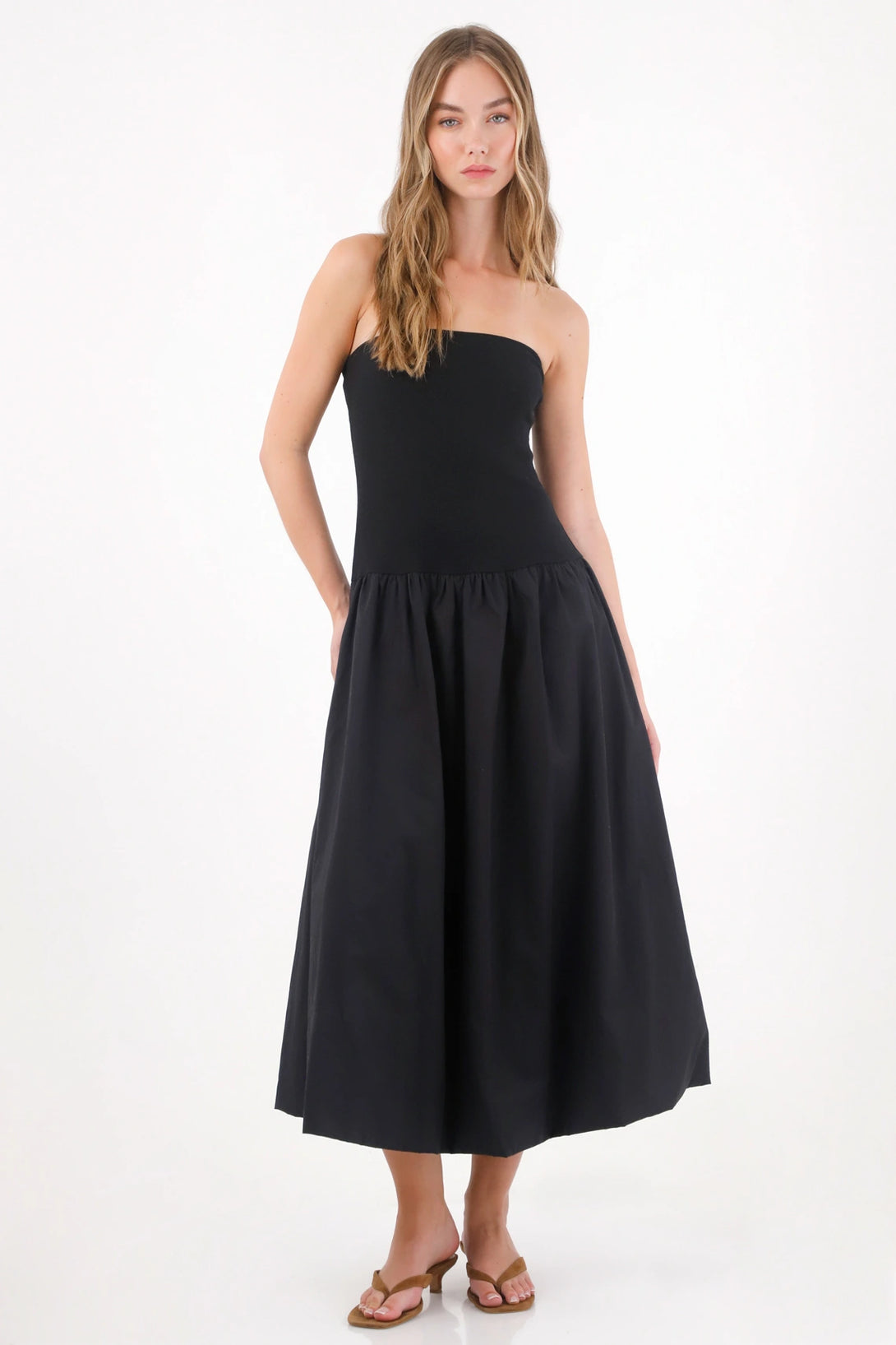 Long Strapless Balloon Silhouette Black Dress for Women