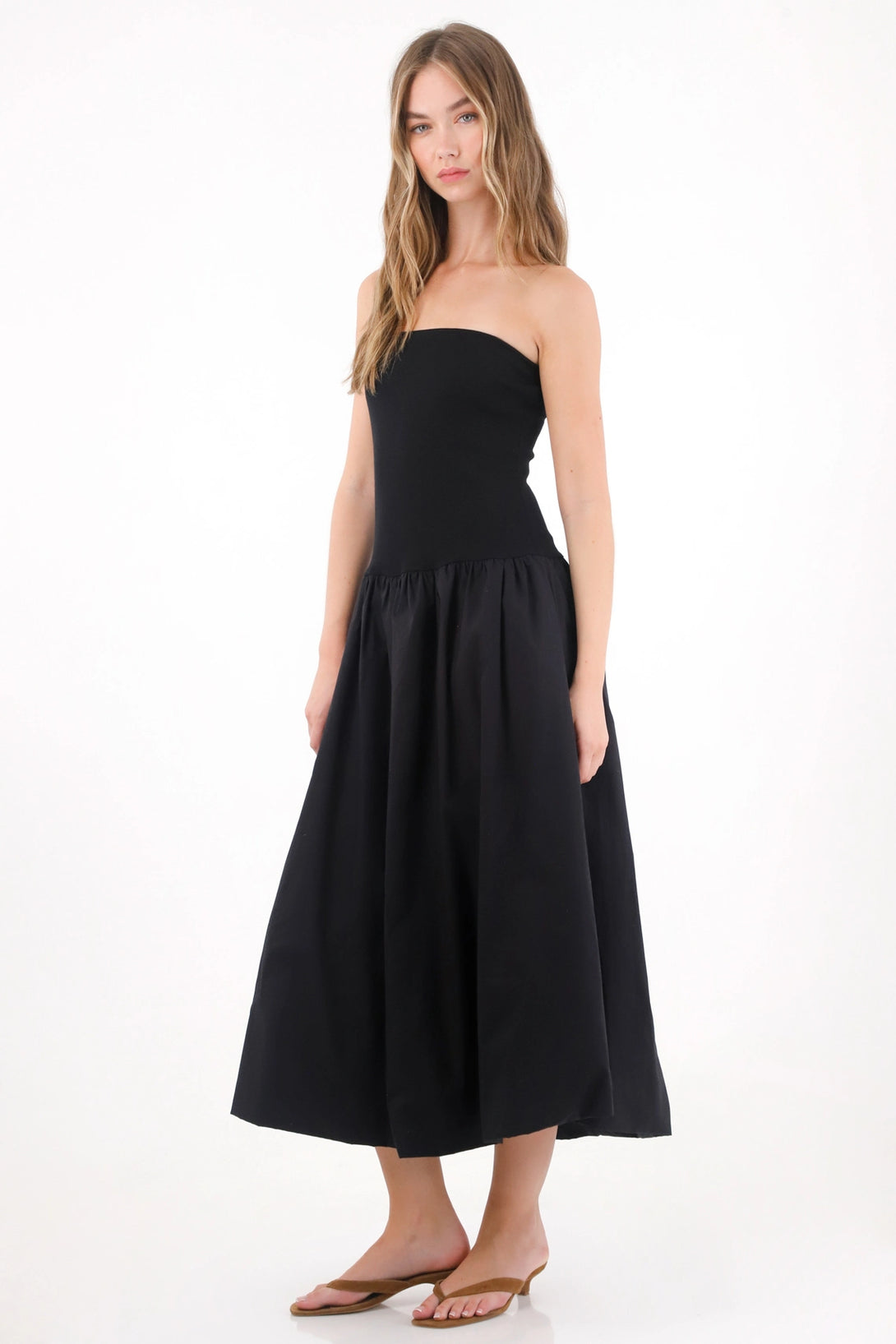 Long Strapless Balloon Silhouette Black Dress for Women