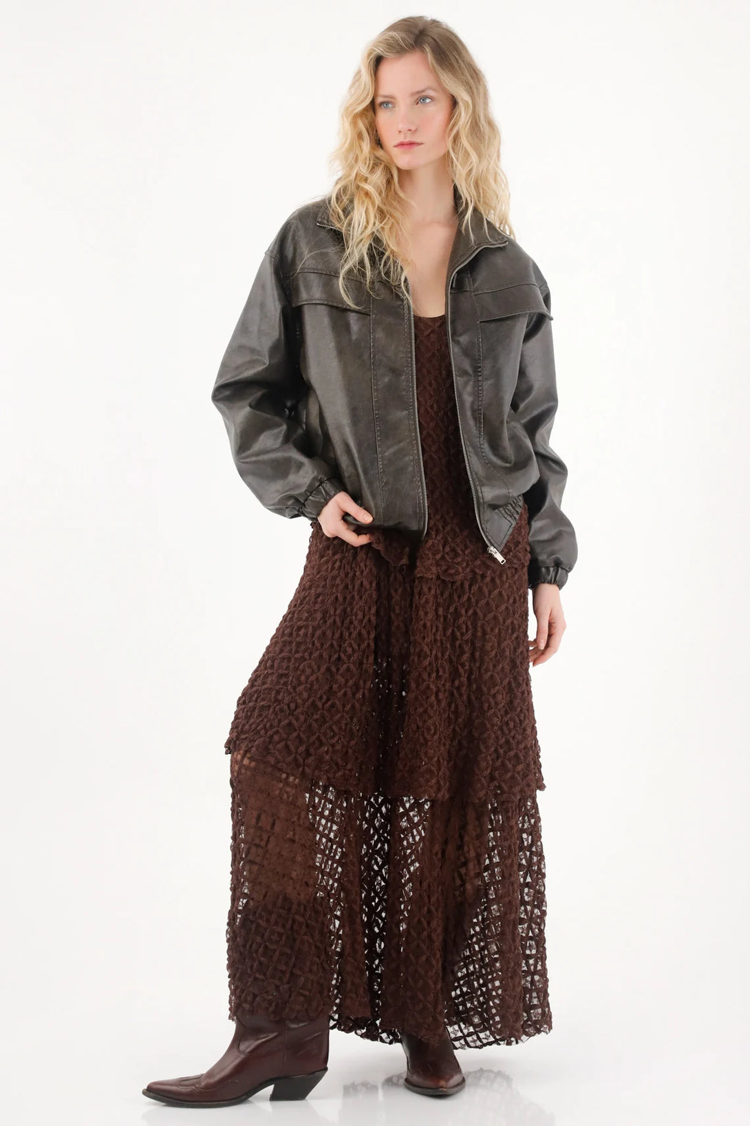 Vestido largo tejido con boleros café para mujer