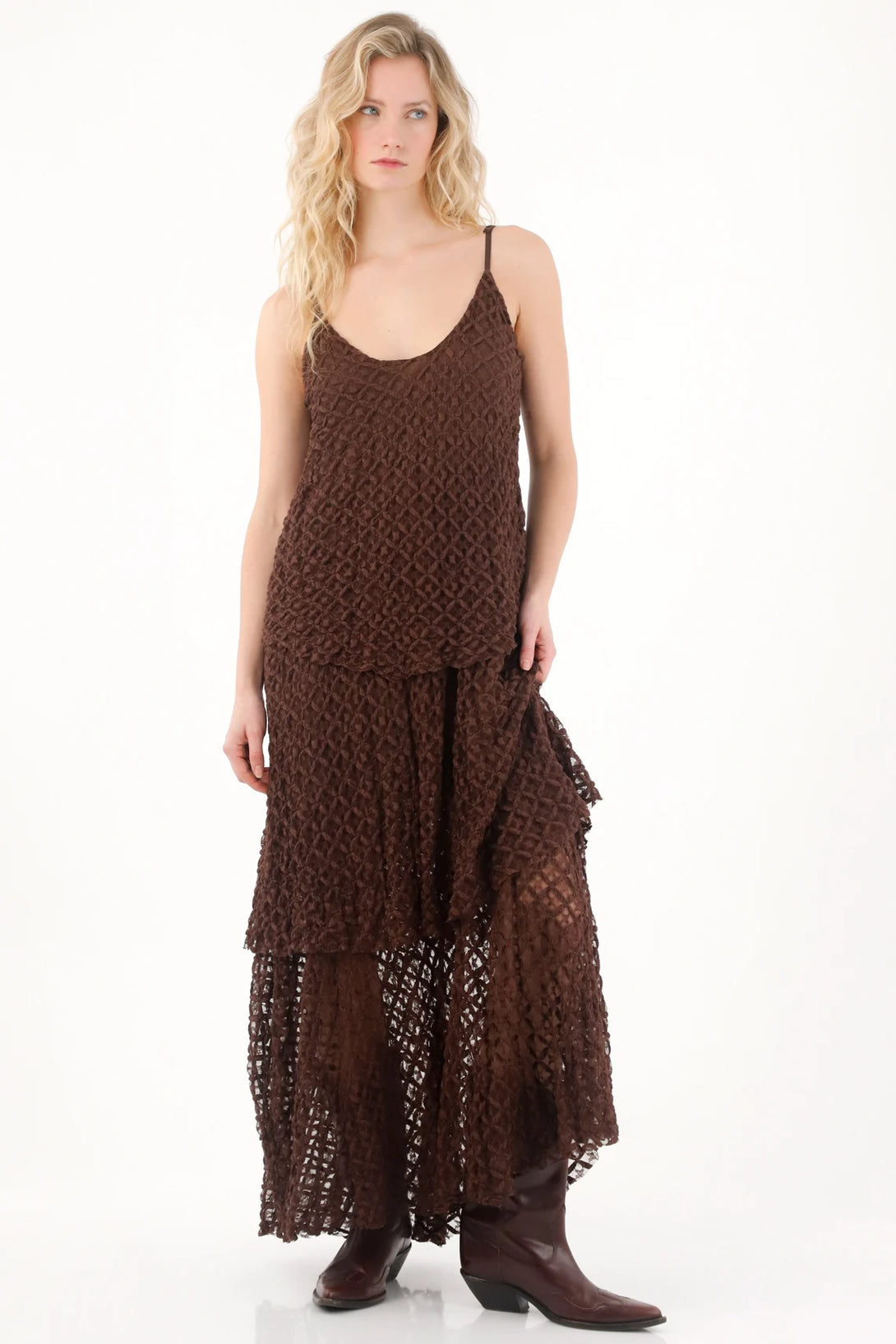 Vestido largo tejido con boleros café para mujer