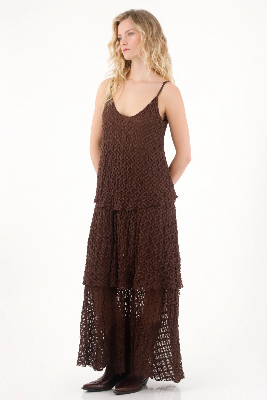 Vestido largo tejido con boleros café para mujer