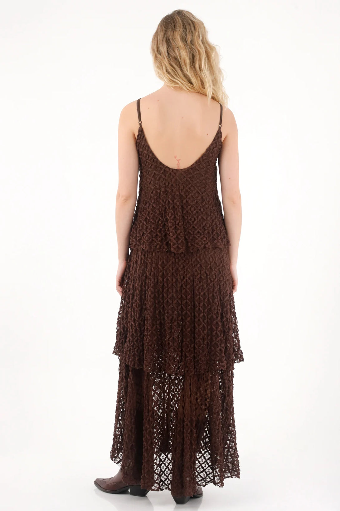 Vestido largo tejido con boleros café para mujer