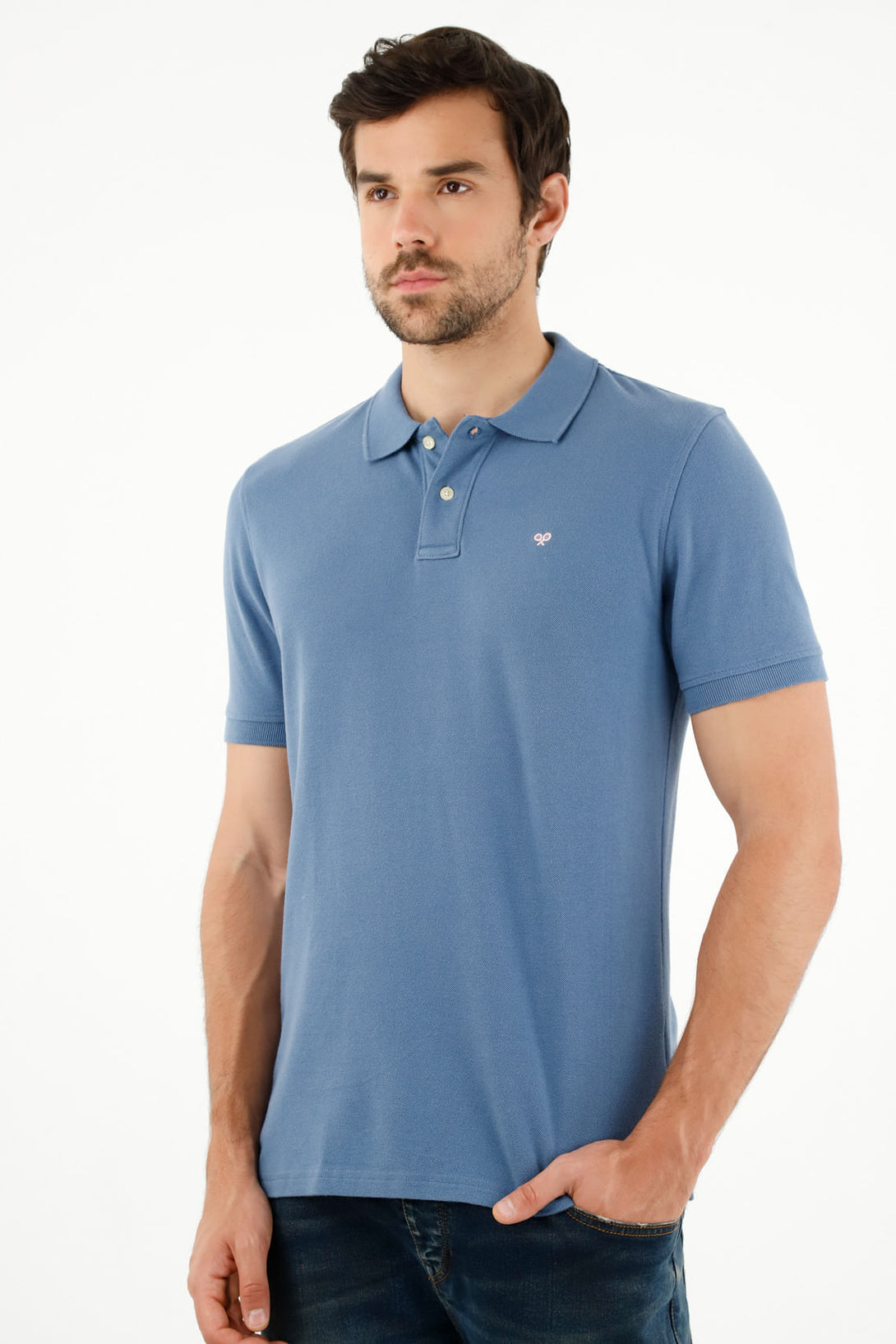 Men's Blue Polo Shirt with Multicolor Racket Design